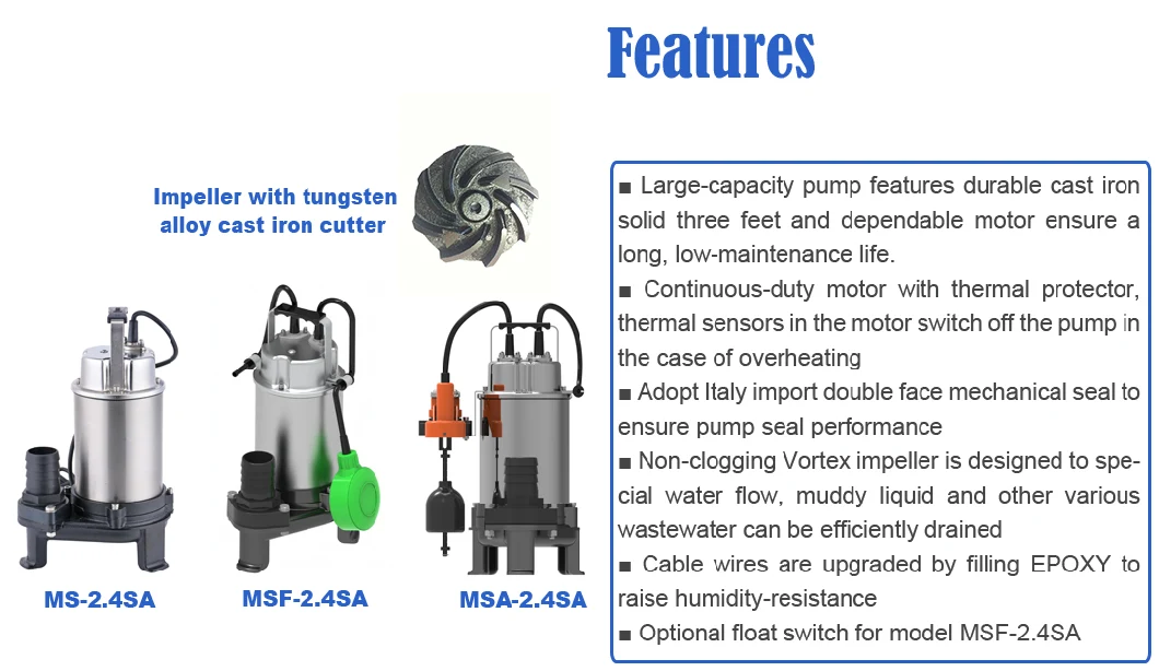 400W Cast Iron Three-Feet Stainless Steel Industry Plants Factory Household Sewage Waste Water Drainage Vortex Centrifugal Submersible Dewatering Pump