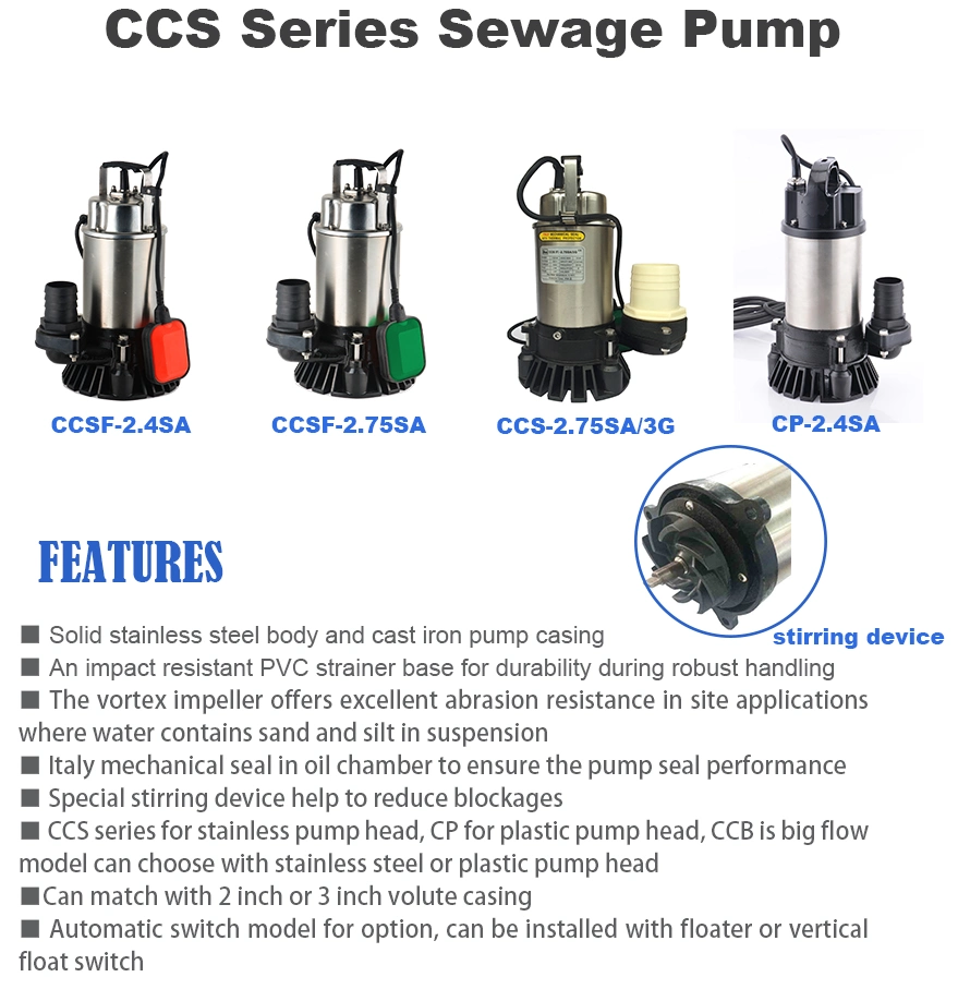 400W Powerful Constractor Wastewater Sewage Muddy Water Drainage Stainless Steel Electric Centrifugal Submersible Vortex Stirring Water Pump with Floater